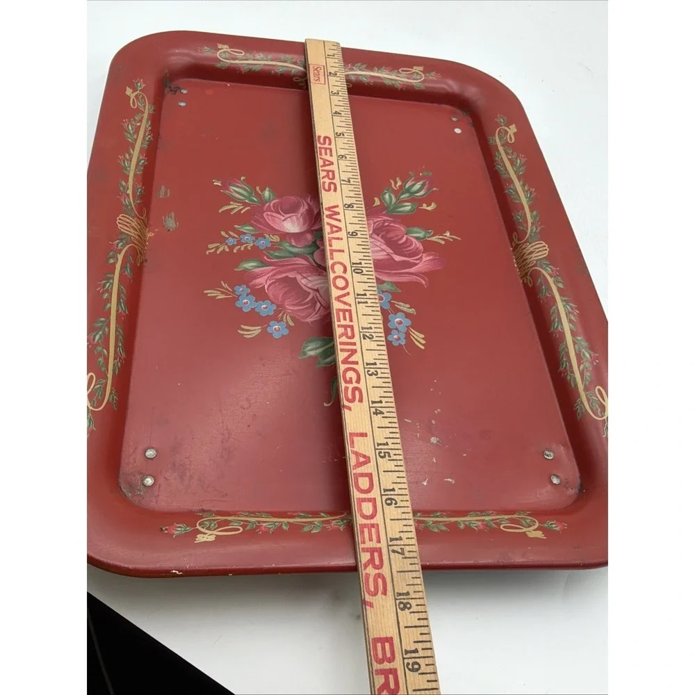 Vintage TV Bed Lap Tray MCM Tole Painted Red Floral Folding Cottage Core